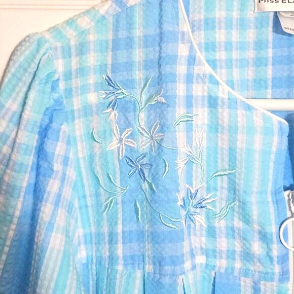 Miss Elaine Seersucker Long Robe Blue Plaid Floral Medium Loungewear Nightgown‎ - Picture 4 of 10